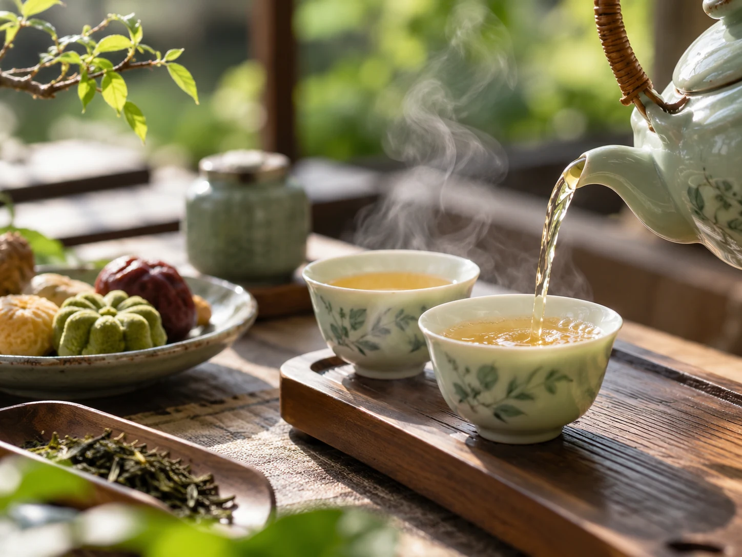 茶壶倒茶与点心组成的静谧茶席特写